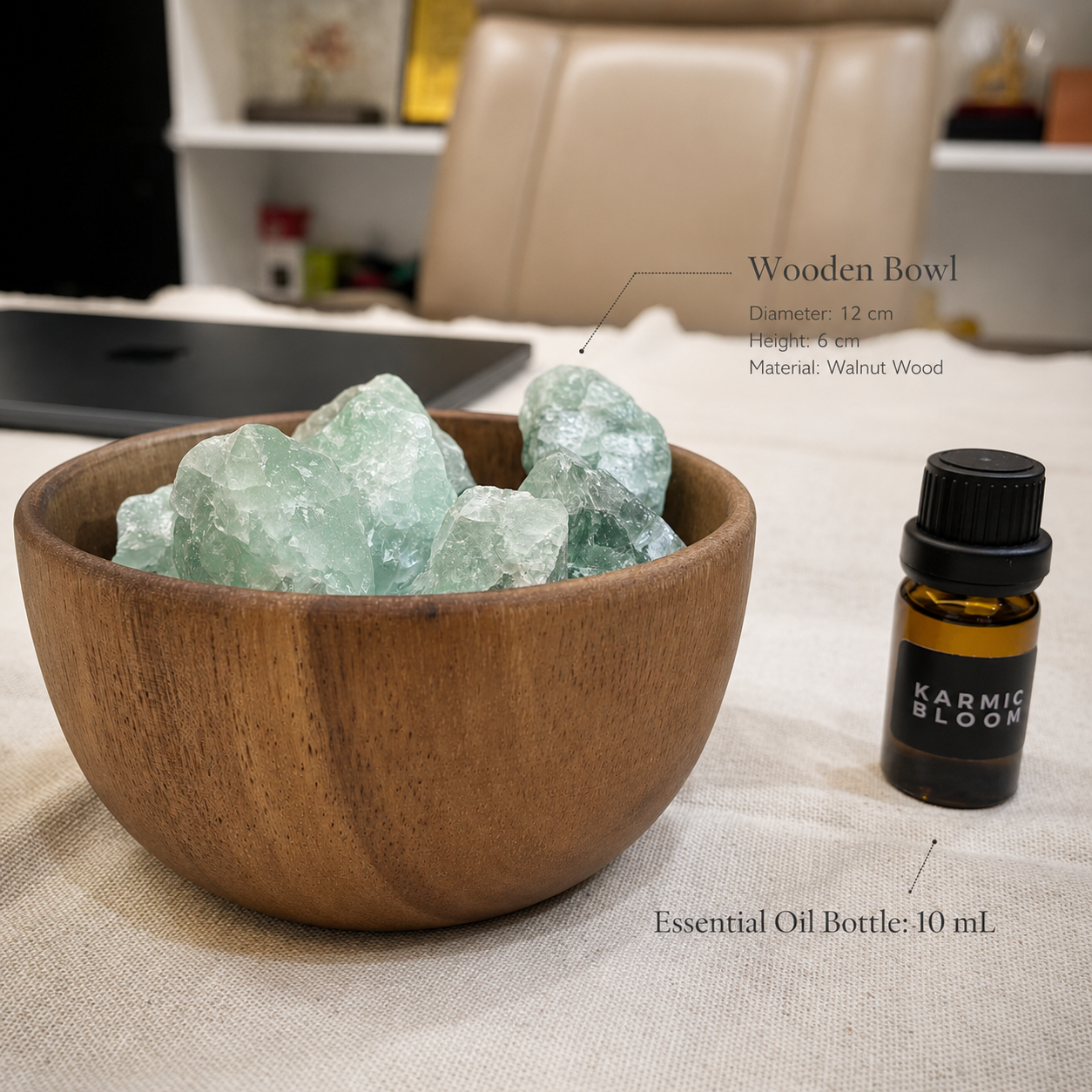 Karmic Bloom™ · Desktop Spatial Energy Core (Raw Green Fluorite & Acacia Vessel Set)