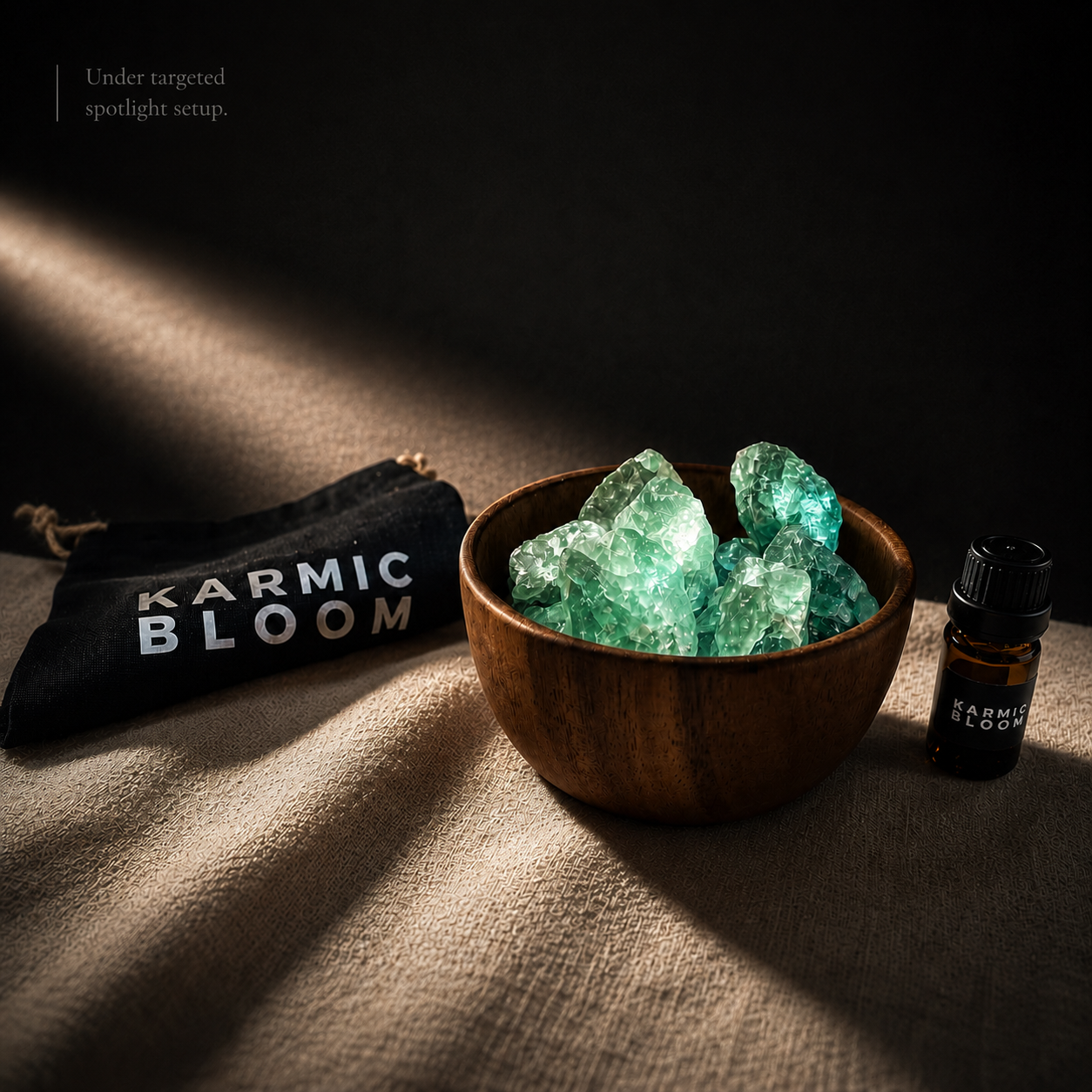 Karmic Bloom™ · Desktop Spatial Energy Core (Raw Green Fluorite & Acacia Vessel Set)