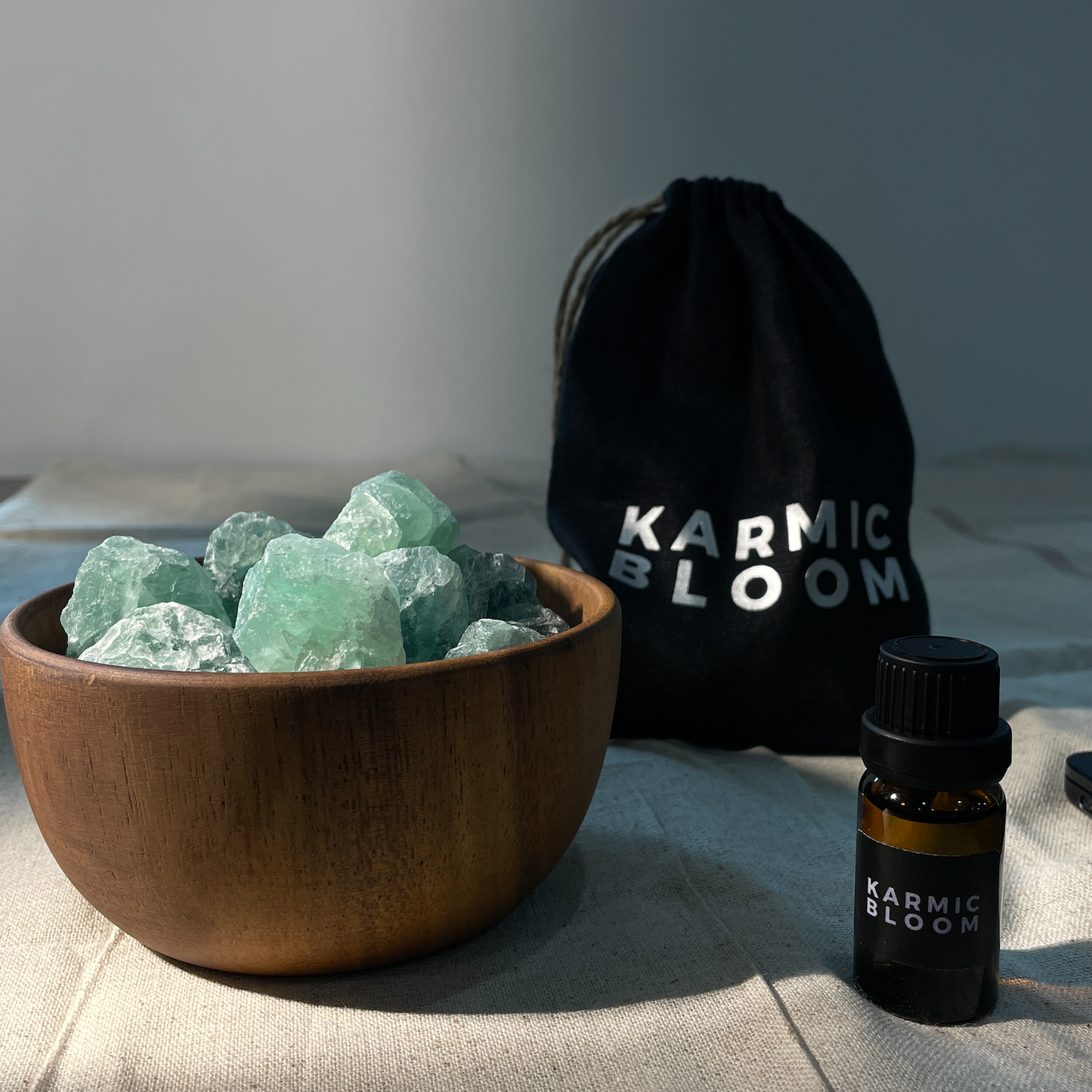 Karmic Bloom™ · Desktop Spatial Energy Core (Raw Green Fluorite & Acacia Vessel Set)